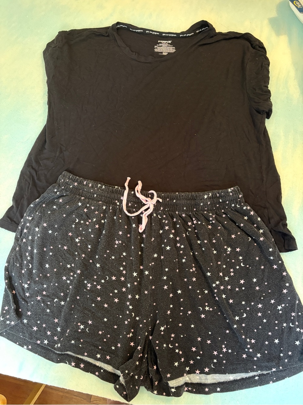 Women's Black Star-Print Lounge Shorts with Pink Drawstring